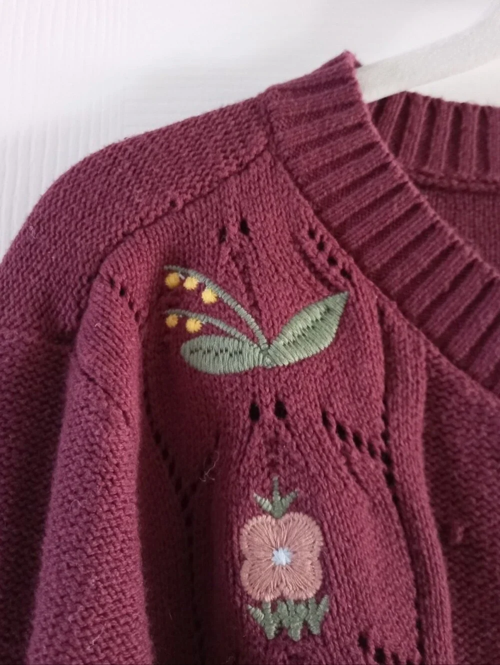 Lucky Brand wine color pointelle knit floral embroidered cardigan sweater